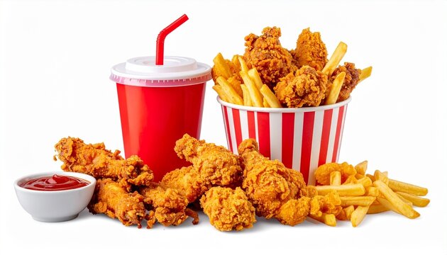 Fried chicken, fries, soda, and garnishes on fast food tray.