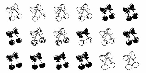 A repeating pattern of black and white cherries adorned with decorative bows