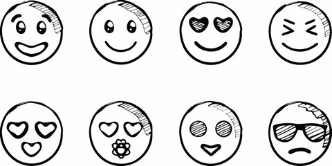 Collection of hand drawn smiley faces with various expressions and details