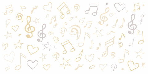 A whimsical background of musical notes hearts and stars in soft tones