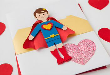 Colorful superhero greeting card featuring a girl with a cape and a heart design, perfect for expressing love
