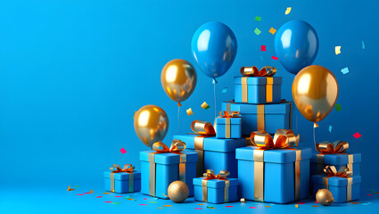 A stack of blue and gold gift boxes with balloons and confetti for a celebration