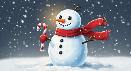 Fototapeta premium Snowman holding candy cane in snowy landscape during winter season 