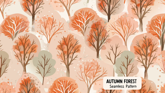 Watercolor autumn forest pattern with orange and gray trees on beige background