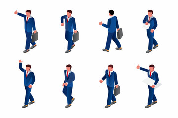 Isometric businessmen in suits walking and gesturing in different poses