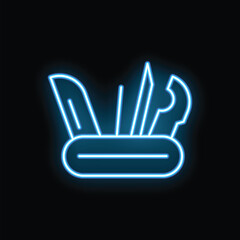 Blue neon sign depicting an open multi tool knife on a black background, ideal for concepts such as tools, repair and diy