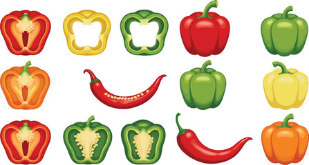 Bell Pepper and Chili Illustration Set Featuring Whole and Sliced Sweet Peppers in Red, Green, Yellow and Orange Colors
