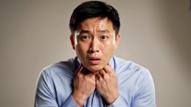 Concerned Man Choking, Asian Male Strangling Himself In Painful Expression And Anguish