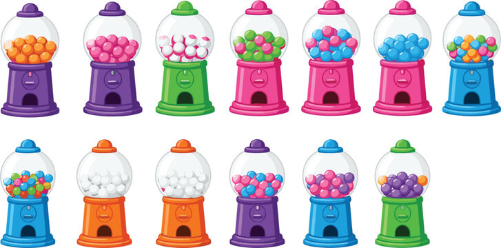 Colorful Gumball Machine Illustration Set Featuring Candy Dispensers Filled with Chewing Gum Balls in Cute Cartoon Style