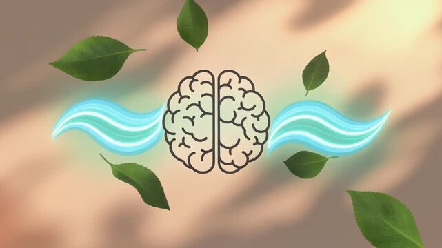 Abstract brain illustration with flowing blue waves and scattered green leaves on a blurred gradient background