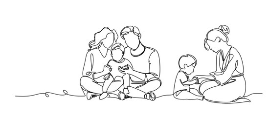 continuous single line drawing of happy parents having fun with their toddler, line art vector illustration