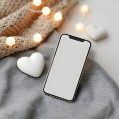 Mockup of Mobile Phone with Valentine Theme and Glowing Fairy Lights Background