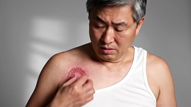 Concerned Man Examines Skin Irritation on His Chest: A Look at Health Issues