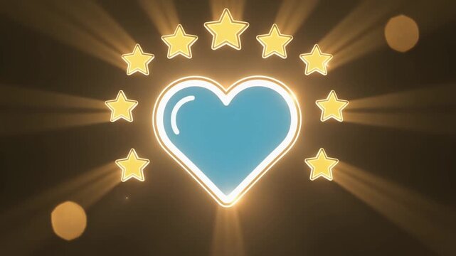 Vibrant glowing blue heart encircled by golden stars radiating light on a warm gradient background