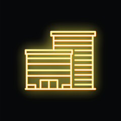 Yellow neon sign depicting a multistory office building with glowing windows, symbolizing corporate life, urban landscapes, and nighttime cityscapes