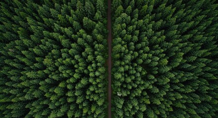 Aerial view of a dense forest with a winding road