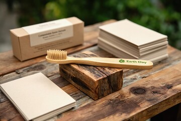 Earth Day bamboo tooth-brush displayed on rustic wooden table with packaging