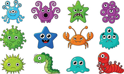 Obraz premium Cute Cartoon Monster and Alien Character Set Featuring Funny Fantasy Creatures, Bugs and Space Mascots for Kids Designs