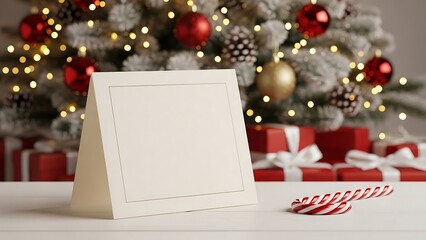 Festive Christmas Card Display with Tree and Presents.