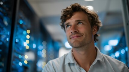 A server room technician inspecting airflow pathways between racks, cool blue LEDs reflecting off cable channels as sensors track temperature and ventilation efficiency — data center cooling,