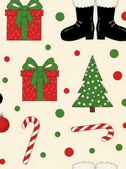 Festive Christmas Pattern with Gifts, Tree, and Candy Canes.