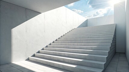 Fototapeta premium Wide concrete staircase leads to bright sky with sun and clouds bathed in natural light