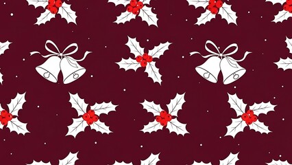 Festive Christmas Pattern with Holly and Bells on Burgundy.