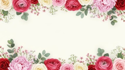 Elegant Floral Frame with Colorful Roses and Green Leaves on a Light Background.