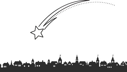 Black outline of a shooting star over a dark silhouette of a town skyline © aprian