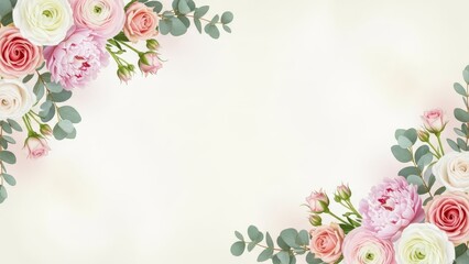 Elegant Floral Frame with Pastel Ranunculus and Eucalyptus Leaves on a Soft Background.