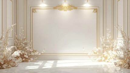 Elegant Wedding Stage Backdrop with Floral Arrangements and Golden Accents.