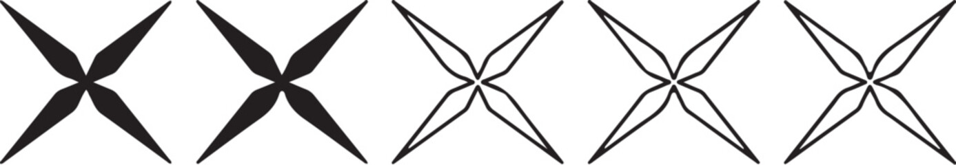 Abstract geometric starburst shapes in varying line thickness and fill patterns illustrating symmetry and evolution also transparent background