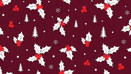 Festive Christmas Pattern with Holly and Trees on Burgundy.