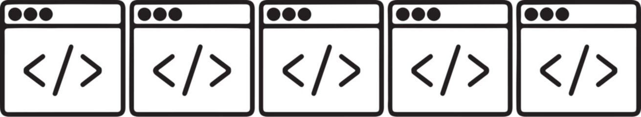 Five identical browser window each displaying the code tag symbol indicating programming web development and digital creation also transparent background