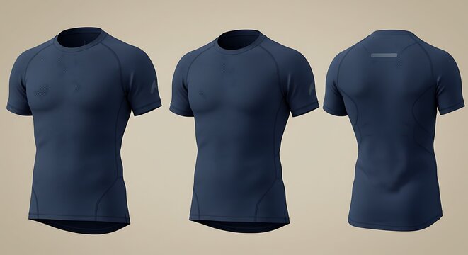 Three views of a navy athletic compression shirt, front, side and rear, studio lighting