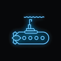 Blue neon icon of a submarine floating underwater with its periscope above the water line