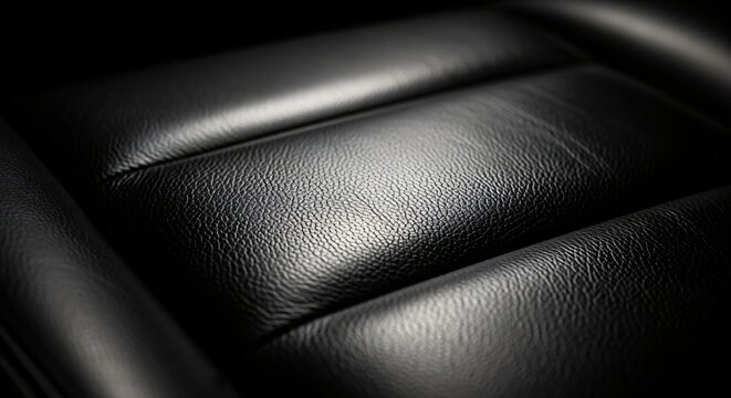 Close up view of textured black leather car seat detail with soft lighting