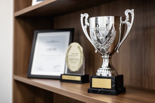 Silver Sports Day trophy on wooden shelf with plaques and framed certificate