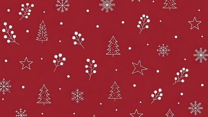 Festive Christmas Pattern with Trees, Stars, and Snowflakes on Red.