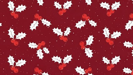 Festive Holly Berry Pattern on Deep Red Background for Christmas.