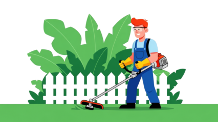 Man Trimming Grass With String Trimmer In Garden Illustration