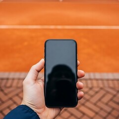 Hand holding a smartphone on a tennis court.