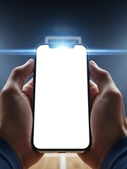 Hands Holding Smartphone with Blank Screen in Stadium Setting.