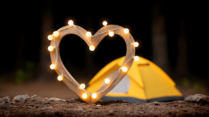 Romantic Valentine Camping Scene with Glowing Fairy Lights at Night