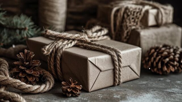 Close-up of eco-style Christmas gift wrapping with brown paper and natural rope, rustic holiday minimalism, eco rustic christmas home