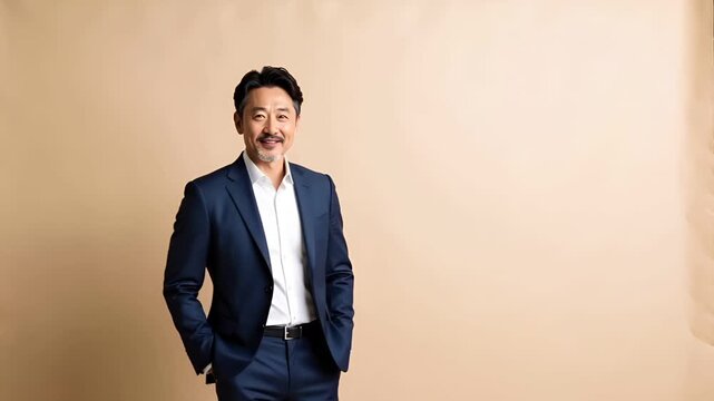 40代後半から50代前半の日本人ビジネスマンを想定した、超高精細なプレミアムスタジオポートレートです。
オーダーメイドのダークスーツと白シャツが、品格と信頼感を強調しています。