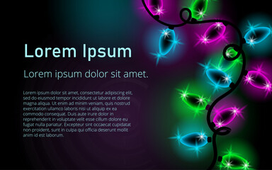 Bright Christmas Garland on Dark Background with Copy Space