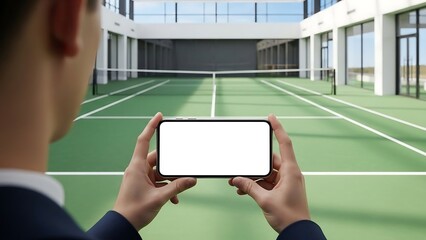 Man using smartphone on tennis court for sports analysis.