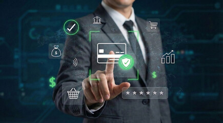 
Secure online payment concept showing a businessman authenticating a digital credit card transaction, highlighting fintech innovation, financial security, encryption, and global ecommerce trends