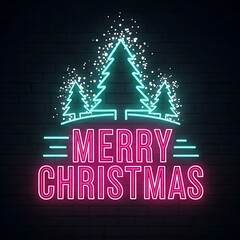 Neon Merry Christmas Trees Holiday Greeting Card Design.